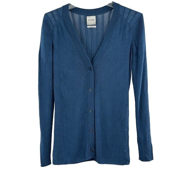 St. John Knit Women's Cardigan Blue Large V‎ Neck Long Sleeve - Picture 1 of 7